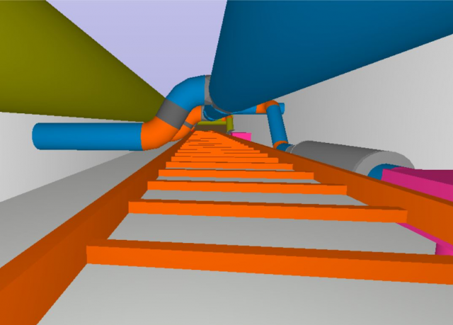 Viser 3D bilde fra over himling i korridor. Kabelbro tilpasset ifh ventilasjon.