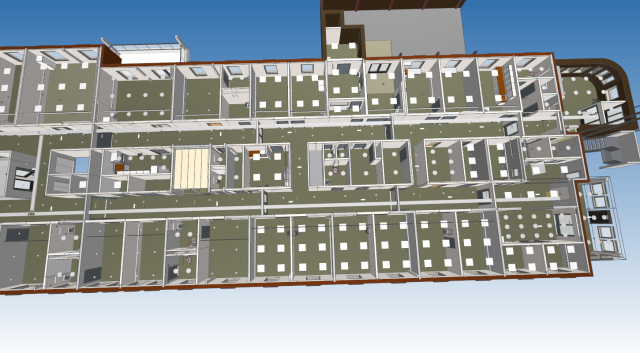  3-D Modell av 2.Etasje  Halden Helsehus, laget i Revit.